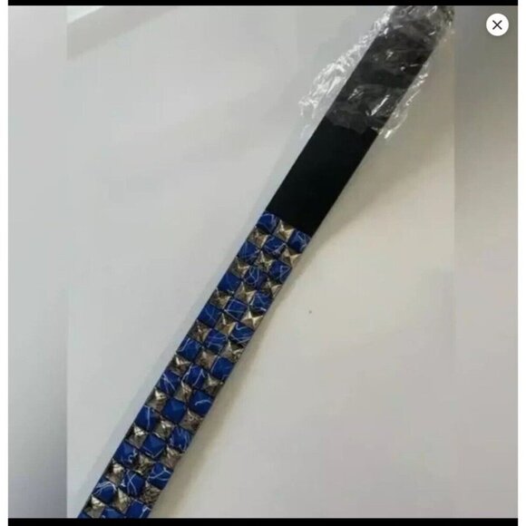 Men’s Faux Leather Belt Silver Blue Studded Adjustable Waist Goth Punk Fashion - Picture 1 of 1